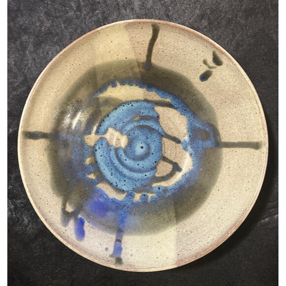 Stamped by D Other - Hand Thrown Studio Art Pottery Bowl- Blue Abstract wash Drip Glazed Bowl VNT 11’
